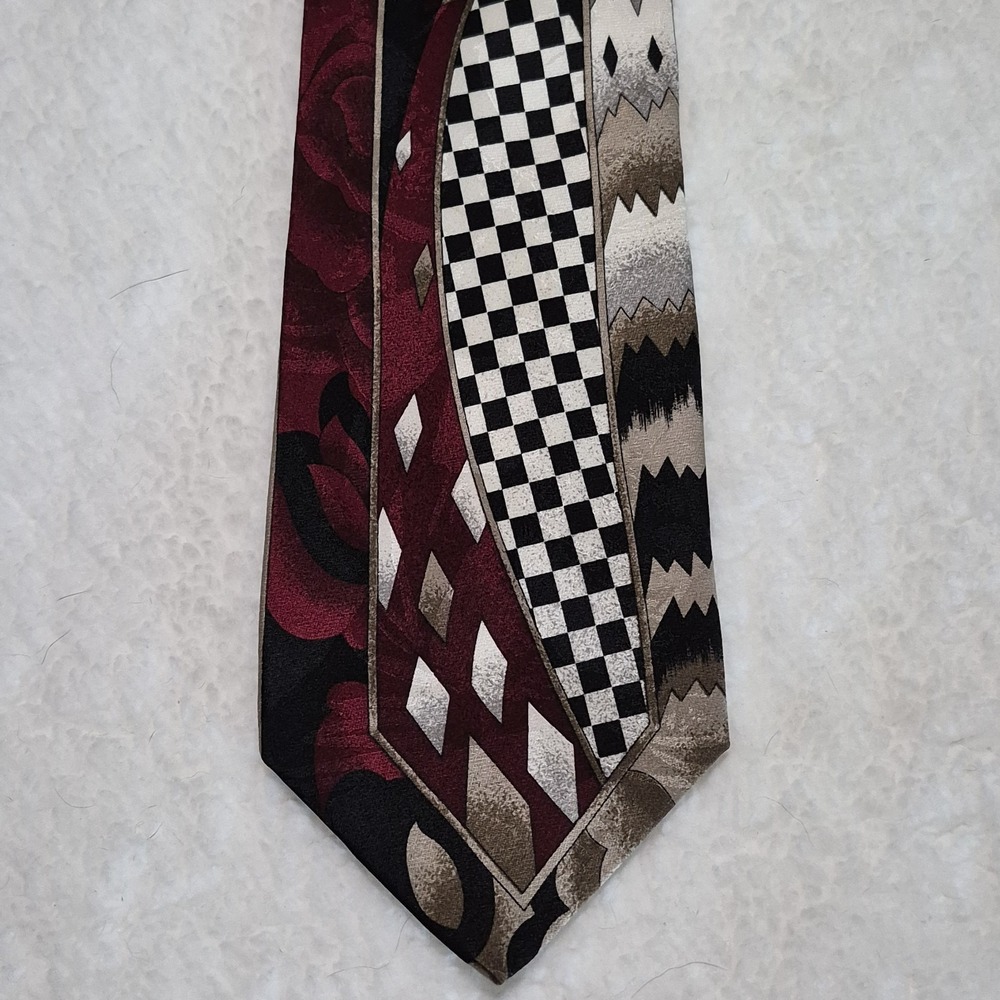 Zeidler & Zeidler Men's Silk Tie Art Deco Style Red Black White Check 60"